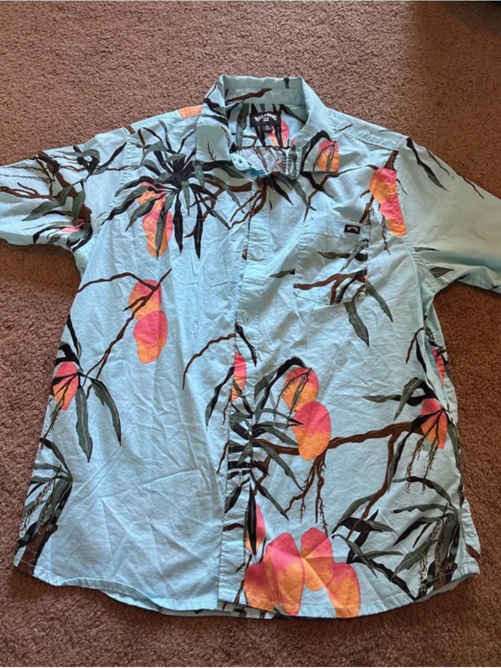 Billabong Light Blue Tropical Button-Up with Pink & Orange Fruit Print